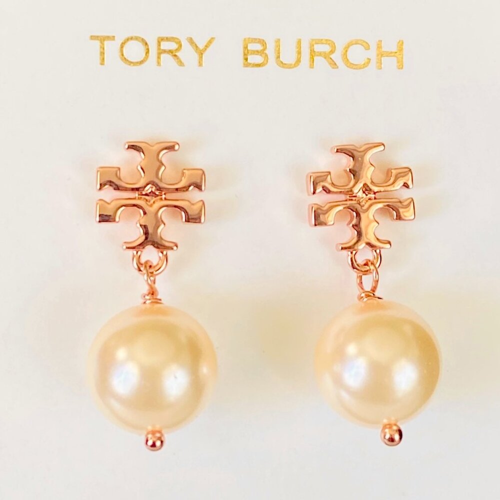 NEW Tory Burch Rose Gold T-Logo Swarovski Crystal Pearl Drop Earrings NWT $135